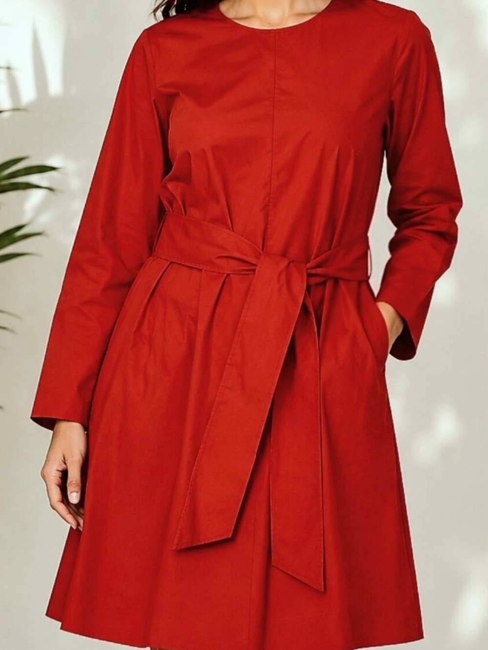 COS Burnt Red Belted Midi Dress Long Sleeved Size 10 Cotton & Spandex